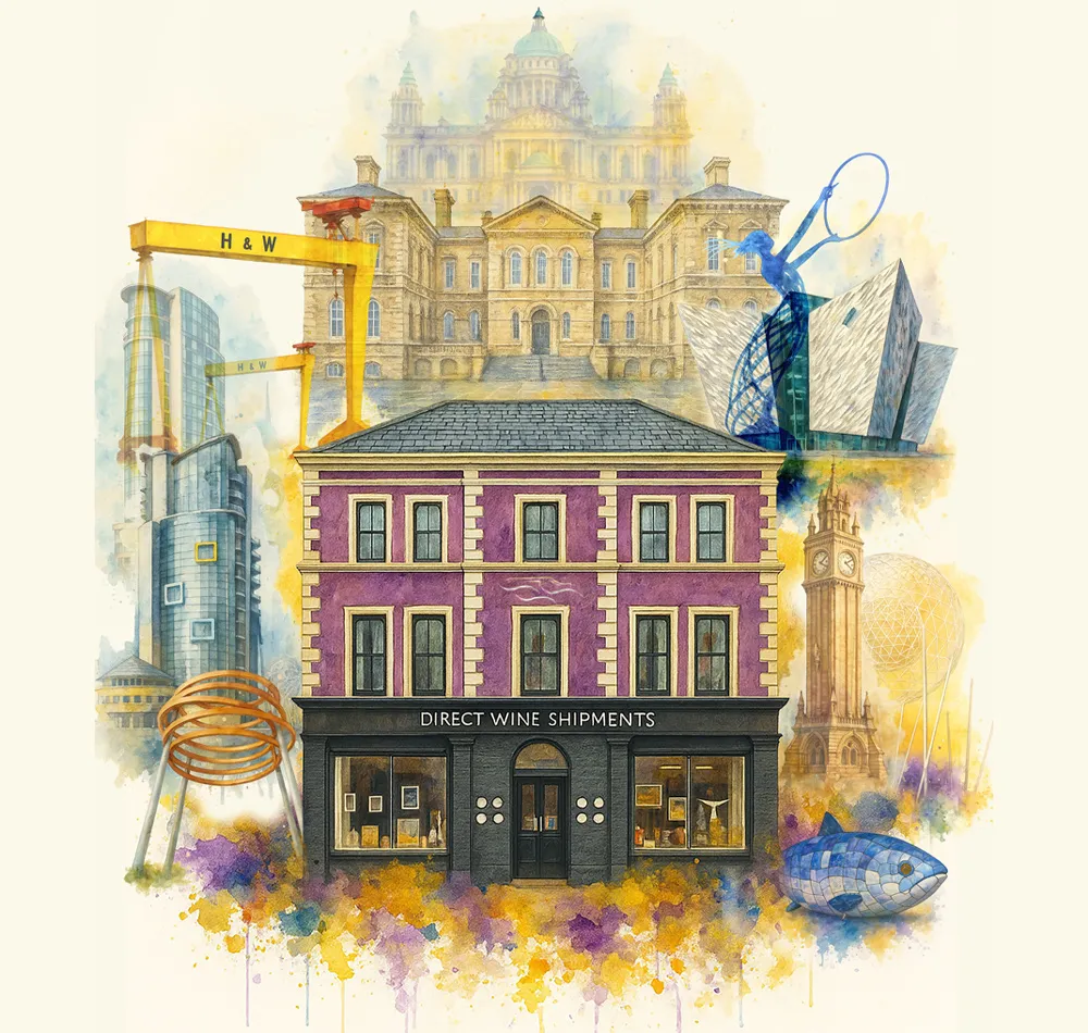 Watercolour illustration of colourful city buildings with architectural details.