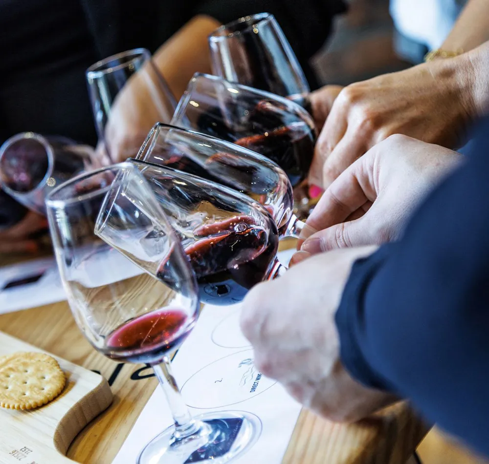 Wine tasting with red wine being poured into glasses.